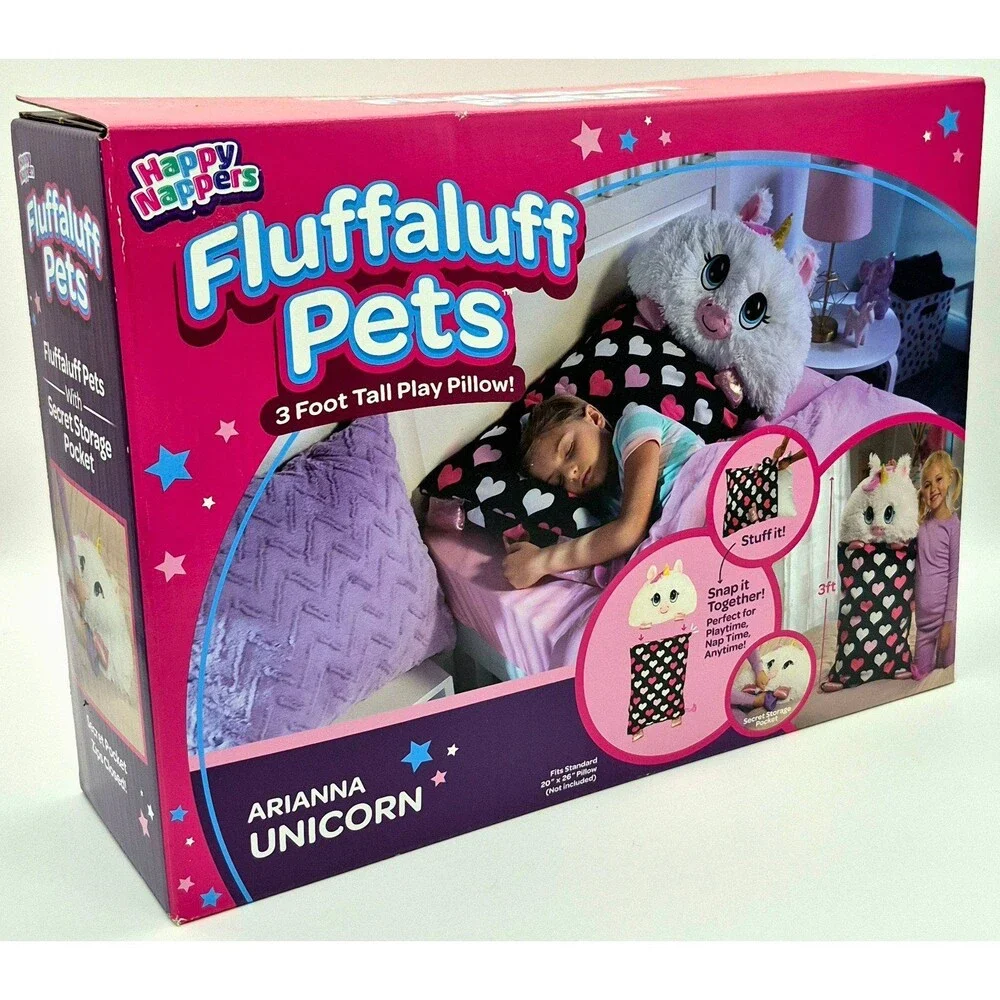 NEW Happy Nappers Fluffaluff Pets Arianna Unicorn 3ft Play Pillow Secret Pocket